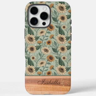 Custom Boho Sunflowers Wood Effect iPhone 16 Pro Max Case