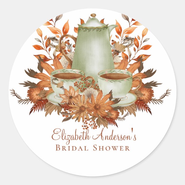Custom Boho Terracotta Floral Sage Tea Party Event Classic Round Sticker (Front)