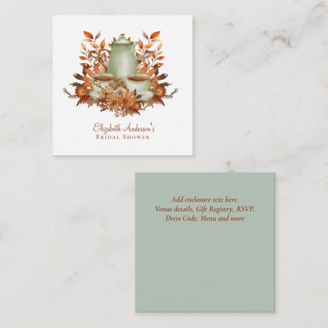 Custom Boho Terracotta Floral Sage Tea Party Event Enclosure Card (Front/Back)