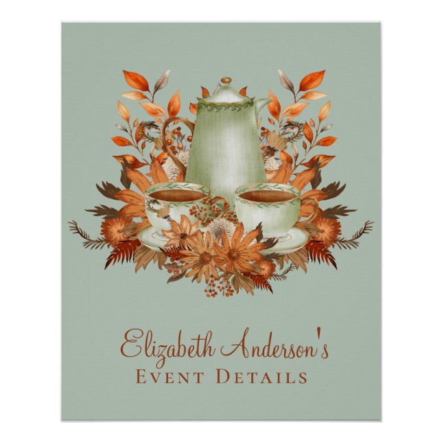 Custom Boho Terracotta Floral Sage Tea Party Favou Poster (Front)