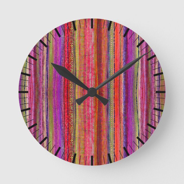 Custom Boho Vintage Red Violet Stripes -  Round Clock (Front)