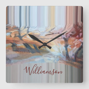 Custom Boho Watercolor Fall Trees Stripes Earthy Square Wall Clock