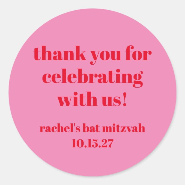 Custom Bold Pink Red Modern Bat Mitzvah Thank You Classic Round Sticker (Front)