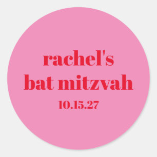 Custom Bold Typography Pink Red Modern Bat Mitzvah Classic Round Sticker