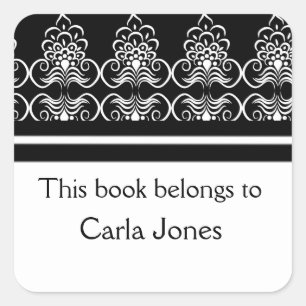 Custom Bookplates-Black White Swirls Pattern Square Sticker