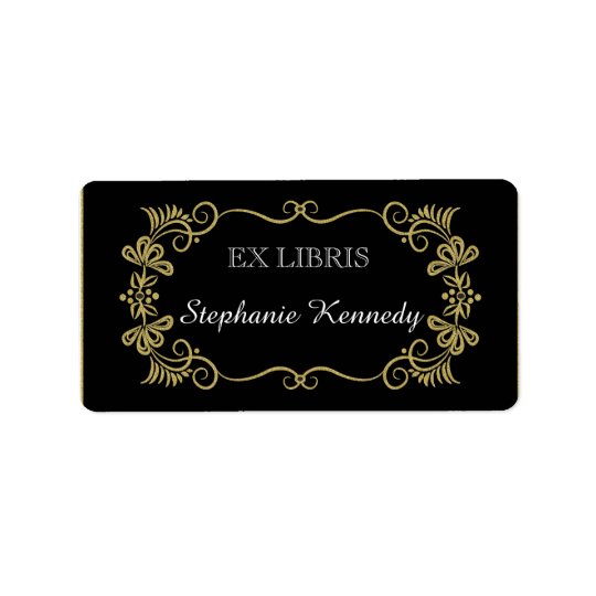 Custom Bookplates | Gold Floral Frame On Black Address Label