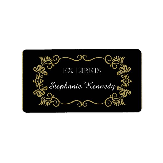 Custom Bookplates | Gold Floral Frame On Black Label (Front)