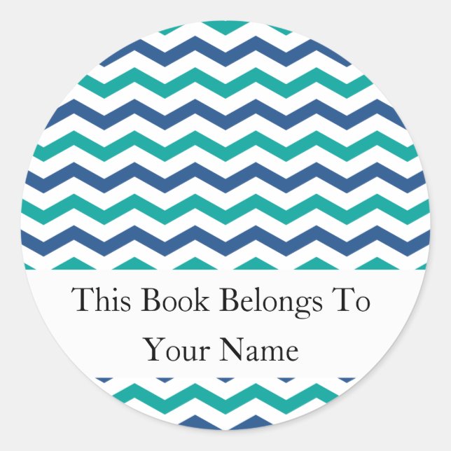 Custom Bookplates | Green Blue Chevron Stripes Classic Round Sticker (Front)