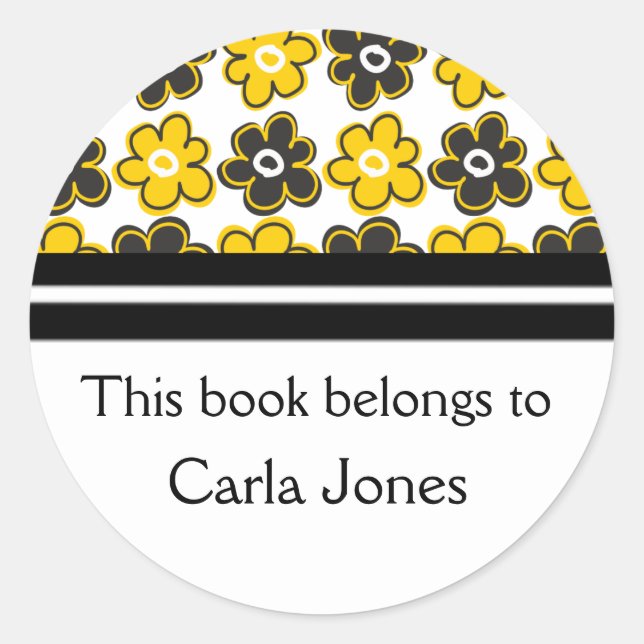 Custom Bookplates|Yellow Black Retro Flowers Classic Round Sticker (Front)