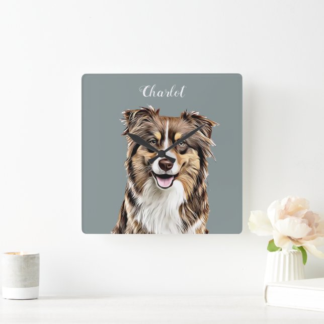 Custom Border Collie Dog Personalised Drawing Square Wall Clock (Home)