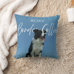 Custom Border Collie Photo Retro Blue Typography Cushion