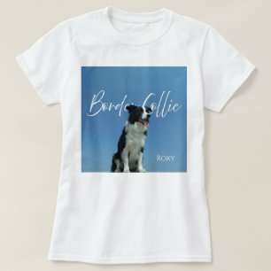 Custom Border Collie Photo Retro Blue Typography T-Shirt