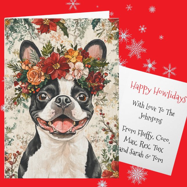 Custom Boston Terrier Christmas Floral Crown Holiday Card (Creator Uploaded)