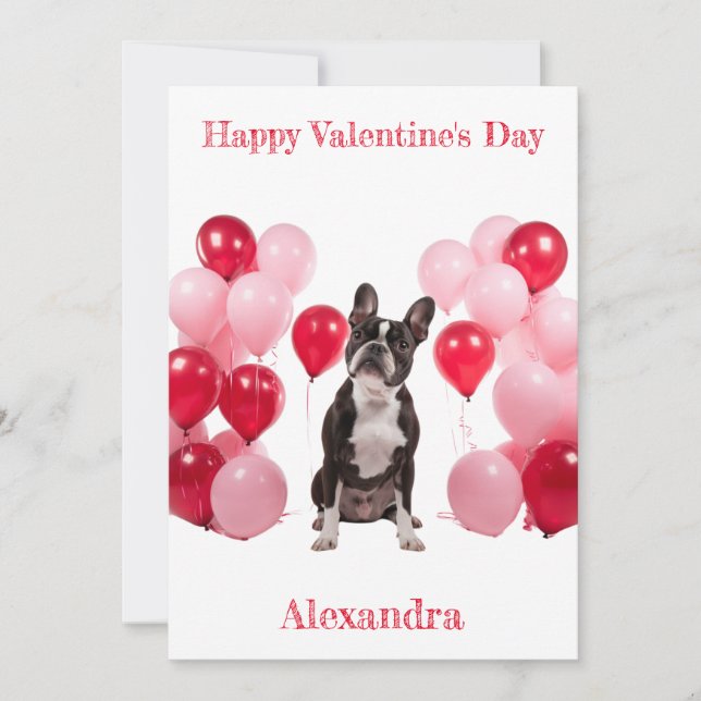 Custom Boston Terrier Pink Red Balloons Valentine Holiday Card (Front)