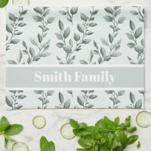 Custom Botanical Green Leaf Pattern Tea Towel
