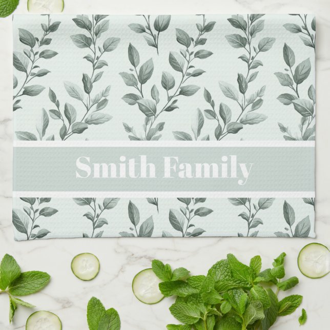 Custom Botanical Green Leaf Pattern Tea Towel (Folded)