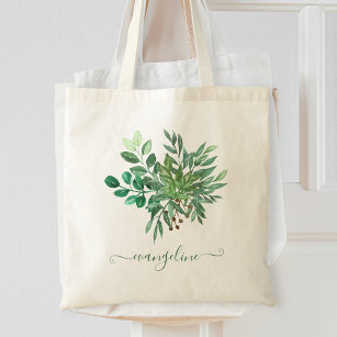 Custom Botanical Greenery Leaf Watercolor Pretty Tote Bag