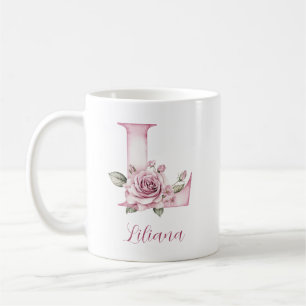 Custom Botanical Letter L with Soft Pink Roses Coffee Mug