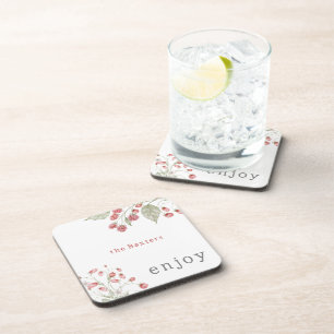 Custom Botanical Pink Berries Enjoy Coaster