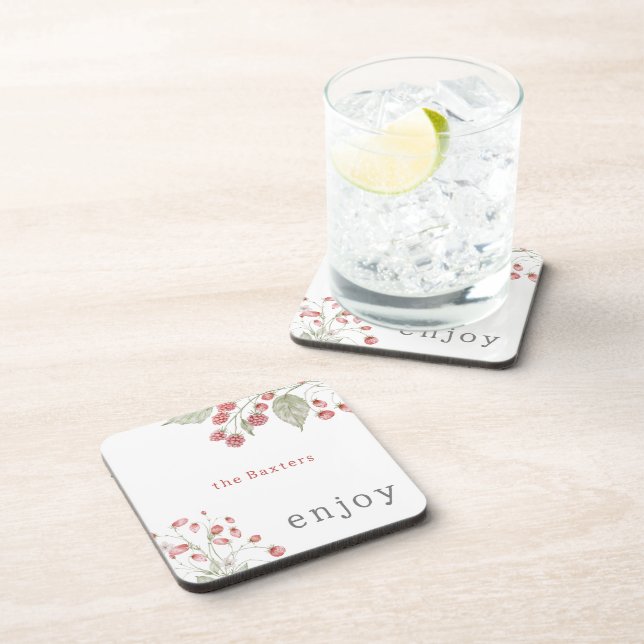 Custom Botanical Pink Berries Enjoy Coaster (Right Side)