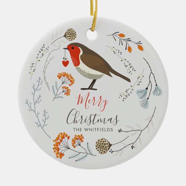 Custom Botanical Robin Bird Botanical Christmas Ceramic Ornament (Front)