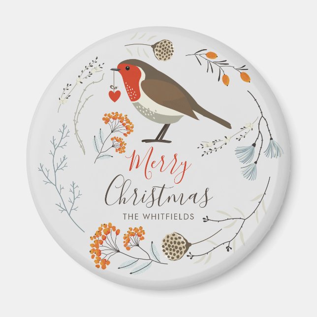 Custom Botanical Robin Bird Botanical Christmas Magnet (Front)