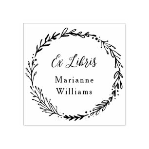Custom Botanical Wreath Ex Libris Script Name Rubber Stamp