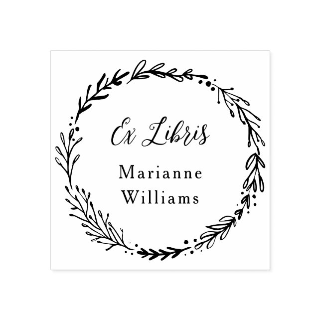 Custom Botanical Wreath Ex Libris Script Name Rubber Stamp (Imprint)