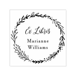 Custom Botanical Wreath Ex Libris Script Name Self-inking Stamp