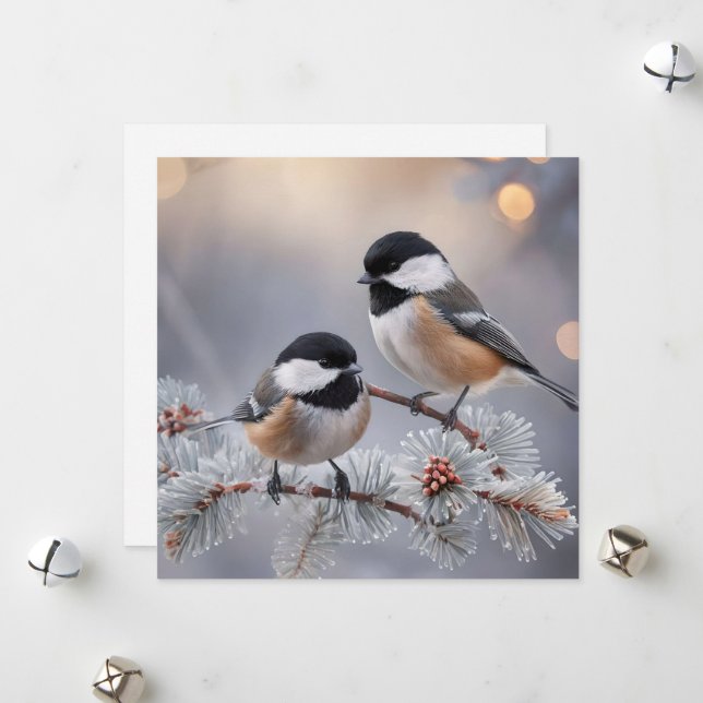 Custom Boutique Winter Chickadee Holiday Card (Front/Back In Situ)