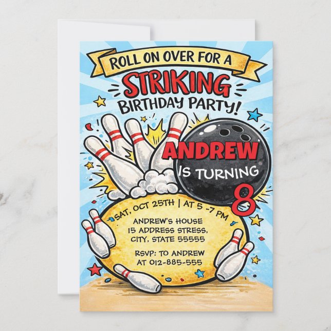 Custom Bowling Birthday Party for kid Invitation (Front)