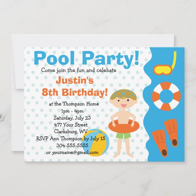 Custom Boy Birthday Pool Party Invitation (Front)