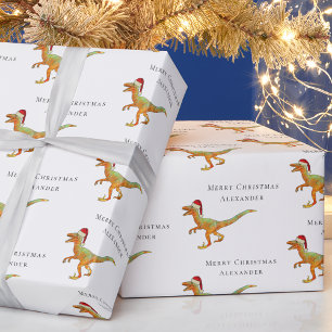 Custom Boy Name Christmas Dinosaur Velociraptor  Wrapping Paper