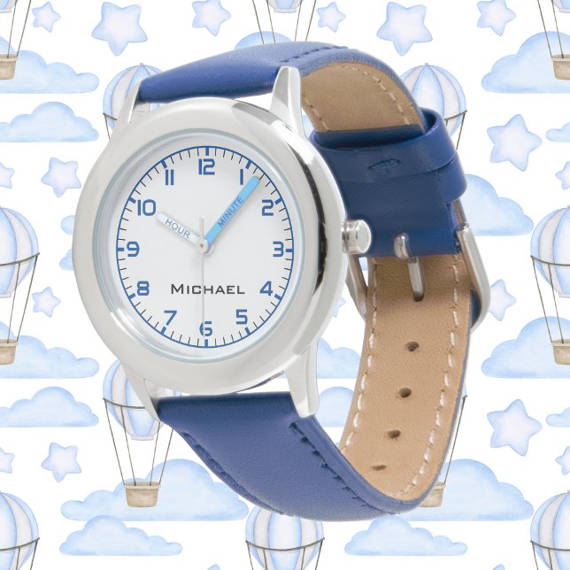 Custom Boy Name Steel Blue Leather Strap Kids Watch (Creator Uploaded)