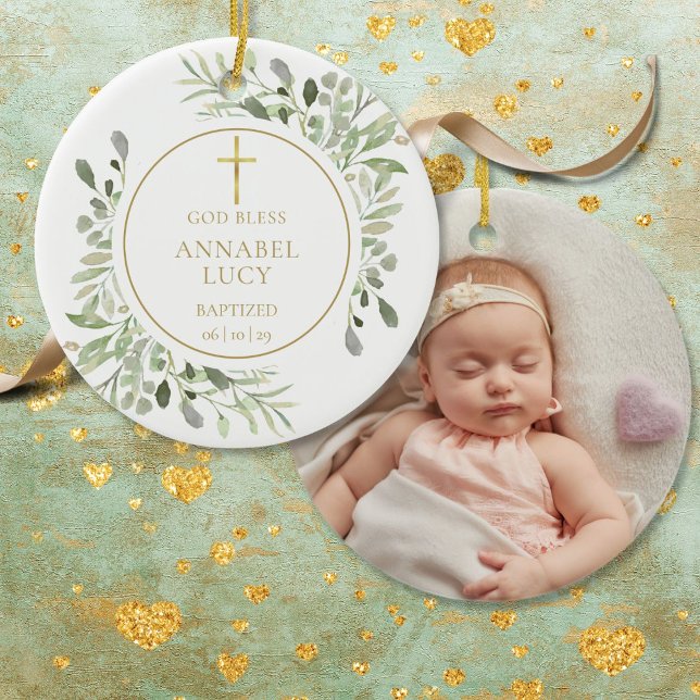 Custom Boy Or Girl Baptism Photo Greenery Gold Ceramic Ornament (Custom Boy Or Girl Baptism Photo Greenery Gold Ceramic Ornament)