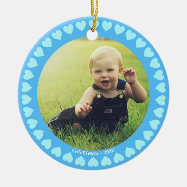 Custom Boy Photo & Hearts on Light Blue Christmas Ceramic Ornament (Front)