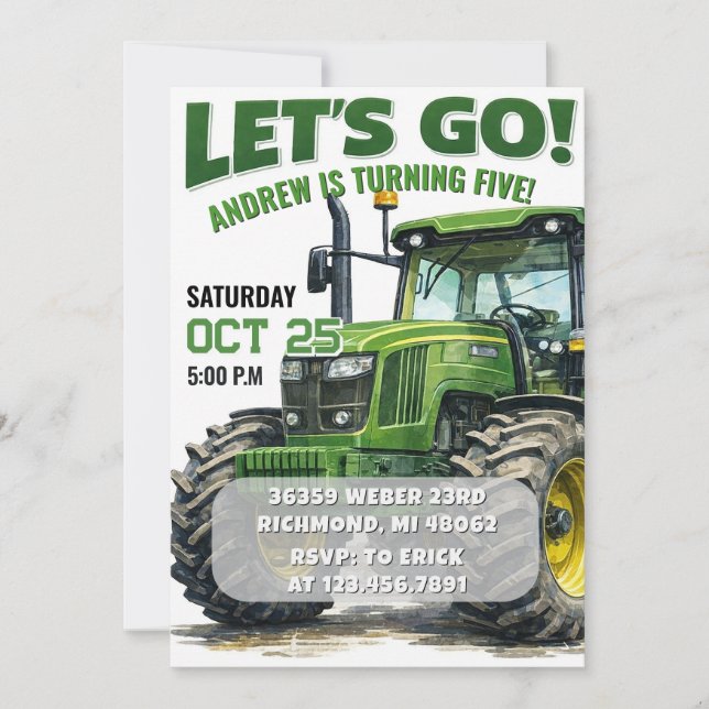 Custom Boy Tractor Birthday party Invitation (Front)