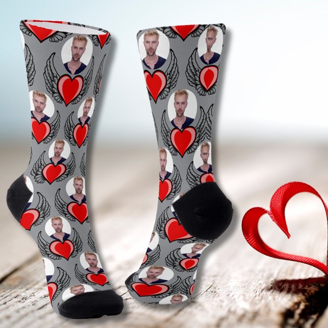 Custom Boyfriend Photo Red Winged Heart Light Grey Socks (Creator Uploaded)