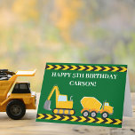 Custom Boys Birthday Dump Truck Excavator Green Card<br><div class="desc">Cool custom construction excavator and cement concrete mixer happy birthday card for a boy who loves yellow construction vehicles in black and yellow. Fun green vehicle card for kids who love cars and dump trucks. Customise with your kid's name under the black and yellow caution tape with a personalised happy...</div>