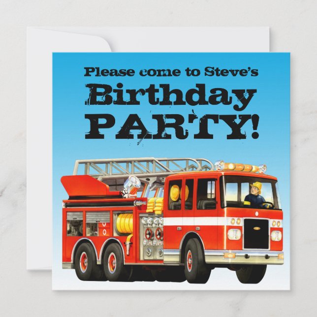 Custom Boy's Birthday Fire Truck Party Invitation (Front)