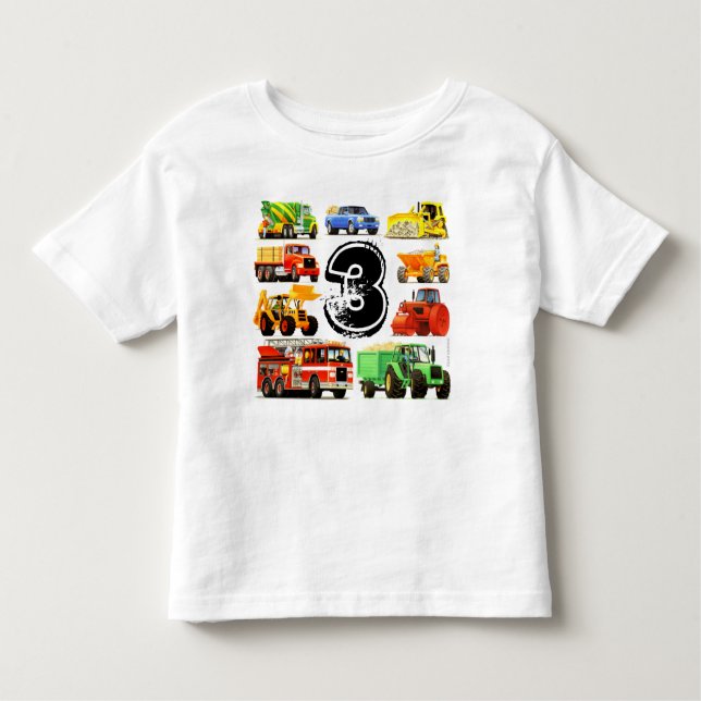 Custom Boy's Construction Trucks 3rd Birthday Toddler T-Shirt (Front)