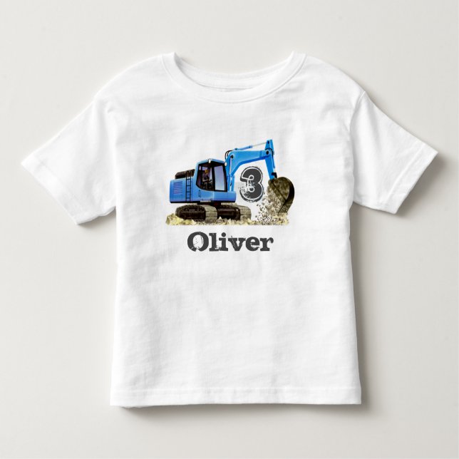Custom Boy's Name 3rd Birthday Digger Excavator Toddler T-Shirt (Front)
