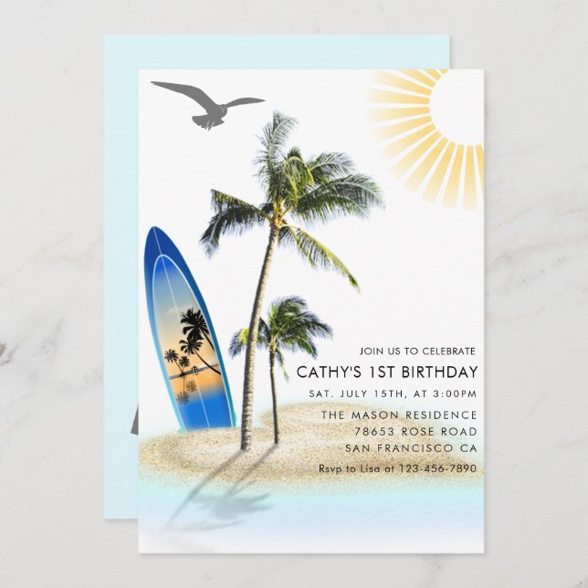 Custom Branded Beach Summer Neutral 1st Birthday  Invitation (Front/Back)