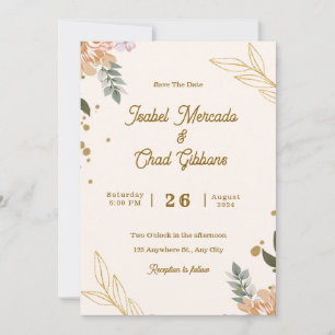 Custom Branded Beige And Gold Floral Wedding Invitation
