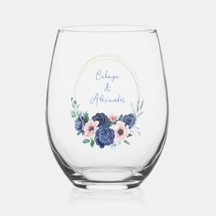 Custom Branded Blue Floral Wedding Stemless Wine Glass