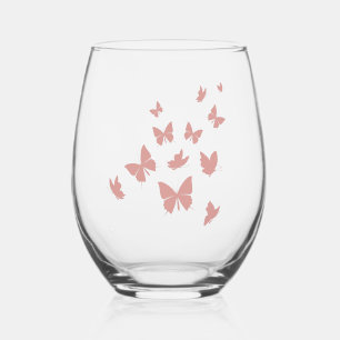 Custom Branded Cute Pink Flying Butterflies  Stemless Wine Glass
