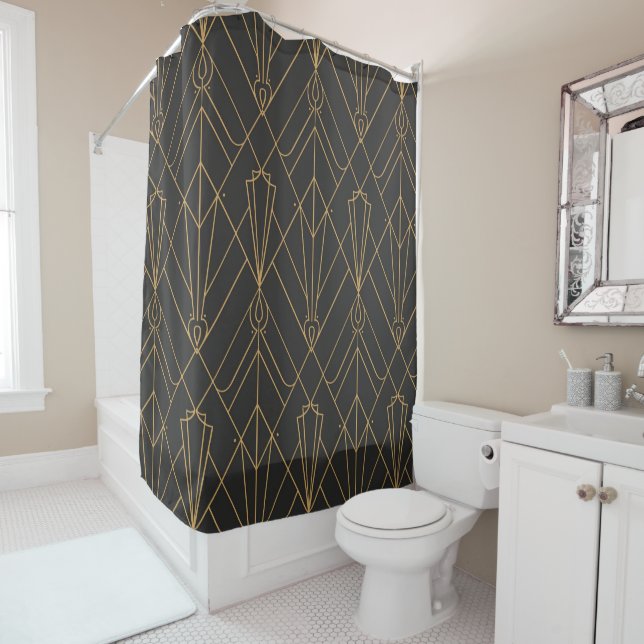Custom Branded Elegant Black & Gold Patterns  Shower Curtain (In Situ)