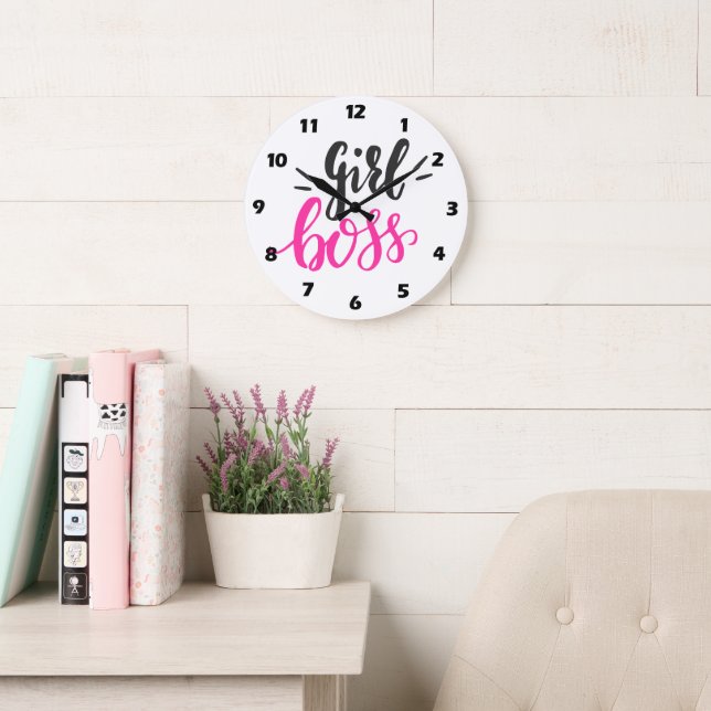 Custom Branded Girl Boss Pink Black 10.75" Round  Large Clock (Reading Room)