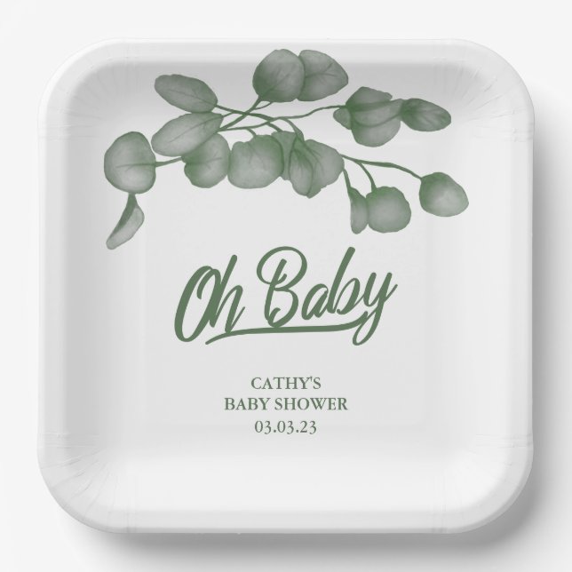 Custom Branded Greenery Oh Baby | Baby Shower 9"  Paper Plate (Front)