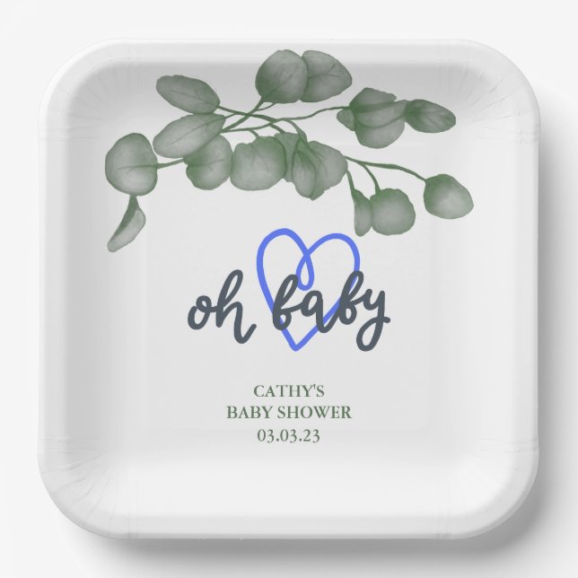 Custom Branded Greenery Oh Baby | Baby Shower 9"  Paper Plate (Front)